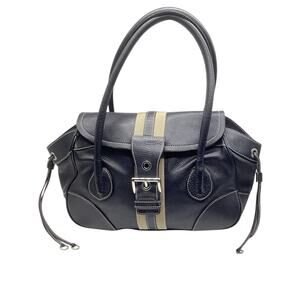 Prada Vitello Daino Stripe Pebbled Leather Shoulder Bag in Black and Tan